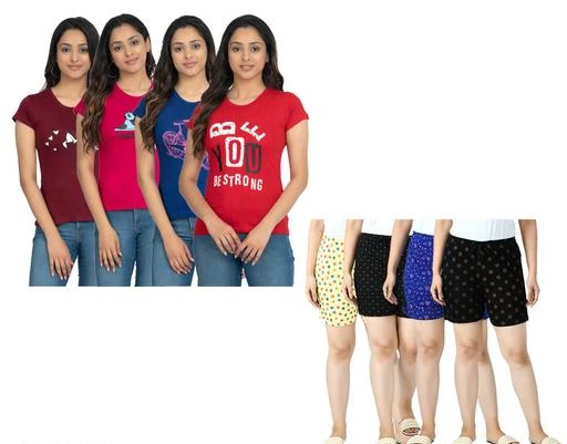 Checkout this latest Top & Bottom Sets
Product Name: *IndiWeaves Womens Cotton Printed T-Shirts and Printed Shorts (Set 4) Top & Bottom Sets *
Top Fabric: Cotton
Bottom Fabric: Cotton
Sleeve Length: Short Sleeves
Net Quantity (N): 4
Sizes: 
M (Top Bust Size: 32 in, Top Length Size: 24 in, Top Hip Size: 38 in, Bottom Waist Size: 28 in, Bottom Hip Size: 40 in, Bottom Length Size: 14 in) 
L (Top Bust Size: 33 in, Top Length Size: 25 in, Top Hip Size: 40 in, Bottom Waist Size: 30 in, Bottom Hip Size: 42 in, Bottom Length Size: 15 in) 
XL (Top Bust Size: 34 in, Top Length Size: 26 in, Top Hip Size: 42 in, Bottom Waist Size: 32 in, Bottom Hip Size: 44 in, Bottom Length Size: 16 in) 
XXL (Top Bust Size: 36 in, Top Length Size: 28 in, Top Hip Size: 44 in, Bottom Waist Size: 36 in, Bottom Hip Size: 46 in, Bottom Length Size: 17 in) 
IndiWeaves Womens Half Sleeves Chest Printed T-Shirts and Printed Shorts for All Season Back both side are plain. Super soft and Comfortable Fabric.Friends today we introduce you with a new Stylish Shorts which are special handy and give you the classic comfort in a tweak.Perfect for casual summer, walking around the house, workout, running, yoga, lounging, running, pajama sleep, or gym fitness. We suggest you choose a larger size if you prefer loose-fitting.
Country of Origin: India
Easy Returns Available In Case Of Any Issue


SKU: 31100-67686970WS23242526-IW-KK-P8
Supplier Name: Indiweaves Fashions

Code: 7721-100486074-9942

Catalog Name: Stylish Sensational Women Top & Bottom Sets
CatalogID_28901286
M04-C07-SC1290