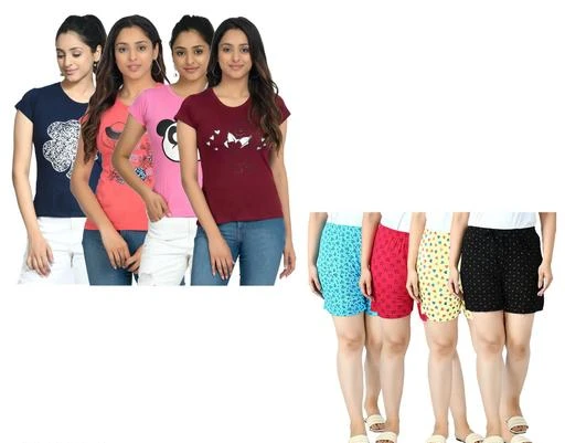 Checkout this latest Top & Bottom Sets
Product Name: *IndiWeaves Womens Cotton Printed T-Shirts and Printed Shorts (Set 4)  Top & Bottom Sets*
Top Fabric: Cotton
Bottom Fabric: Cotton
Sleeve Length: Short Sleeves
Net Quantity (N): 4
Sizes: 
M (Top Bust Size: 32 in, Top Length Size: 24 in, Top Hip Size: 38 in, Bottom Waist Size: 28 in, Bottom Hip Size: 40 in, Bottom Length Size: 14 in) 
L (Top Bust Size: 33 in, Top Length Size: 25 in, Top Hip Size: 40 in, Bottom Waist Size: 30 in, Bottom Hip Size: 42 in, Bottom Length Size: 15 in) 
XL (Top Bust Size: 34 in, Top Length Size: 26 in, Top Hip Size: 42 in, Bottom Waist Size: 32 in, Bottom Hip Size: 44 in, Bottom Length Size: 16 in) 
XXL (Top Bust Size: 36 in, Top Length Size: 28 in, Top Hip Size: 44 in, Bottom Waist Size: 36 in, Bottom Hip Size: 46 in, Bottom Length Size: 17 in) 
IndiWeaves Womens Half Sleeves Chest Printed T-Shirts and Printed Shorts for All Season Back both side are plain. Super soft and Comfortable Fabric.Friends today we introduce you with a new Stylish Shorts which are special handy and give you the classic comfort in a tweak.Perfect for casual summer, walking around the house, workout, running, yoga, lounging, running, pajama sleep, or gym fitness. We suggest you choose a larger size if you prefer loose-fitting.
Country of Origin: India
Easy Returns Available In Case Of Any Issue


SKU: 31100-63646667WS21222324-IW-KK-P8
Supplier Name: Indiweaves Fashions

Code: 7721-100486254-9942

Catalog Name: Stylish Sensational Women Top & Bottom Sets
CatalogID_28901330
M04-C07-SC1290