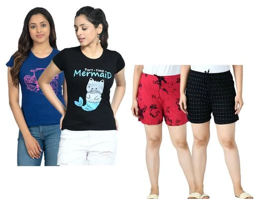 Checkout this latest Top & Bottom Sets
Product Name: *Indistar Womens Cotton Printed T-Shirts and Printed Shorts (Set 2)*
Top Fabric: Cotton
Bottom Fabric: Cotton
Sleeve Length: Short Sleeves
Net Quantity (N): 2
Sizes: 
M (Top Bust Size: 32 in, Top Length Size: 24 in, Top Hip Size: 38 in, Bottom Waist Size: 28 in, Bottom Hip Size: 40 in, Bottom Length Size: 14 in) 
L (Top Bust Size: 33 in, Top Length Size: 25 in, Top Hip Size: 40 in, Bottom Waist Size: 30 in, Bottom Hip Size: 42 in, Bottom Length Size: 15 in) 
XL (Top Bust Size: 34 in, Top Length Size: 26 in, Top Hip Size: 42 in, Bottom Waist Size: 32 in, Bottom Hip Size: 44 in, Bottom Length Size: 16 in) 
XXL (Top Bust Size: 36 in, Top Length Size: 28 in, Top Hip Size: 44 in, Bottom Waist Size: 36 in, Bottom Hip Size: 46 in, Bottom Length Size: 17 in) 
Indistar Womens Half Sleeves Chest Printed T-Shirts and Printed Shorts for All Season Back both side are plain. Super soft and Comfortable Fabric.Friends today we introduce you with a new Stylish Shorts which are special handy and give you the classic comfort in a tweak.Perfect for casual summer, walking around the house, workout, running, yoga, lounging, running, pajama sleep, or gym fitness. We suggest you choose a larger size if you prefer loose-fitting.
Country of Origin: India
Easy Returns Available In Case Of Any Issue


SKU: 31100-6971WS2930-IW-KK-P4
Supplier Name: LIFETIME

Code: 896-100487194-9931

Catalog Name: Classic Latest Women Top & Bottom Sets
CatalogID_28901557
M04-C07-SC1290