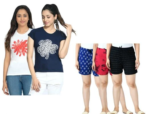 Checkout this latest Top & Bottom Sets
Product Name: *KAVYA Womens Cotton Printed T-Shirts and Printed Shorts (Pack of 5)*
Top Fabric: Cotton
Bottom Fabric: Cotton
Sleeve Length: Short Sleeves
Net Quantity (N): 5
Sizes: 
M (Top Bust Size: 32 in, Top Length Size: 24 in, Top Hip Size: 38 in, Bottom Waist Size: 28 in, Bottom Hip Size: 40 in, Bottom Length Size: 14 in) 
L (Top Bust Size: 33 in, Top Length Size: 25 in, Top Hip Size: 40 in, Bottom Waist Size: 30 in, Bottom Hip Size: 42 in, Bottom Length Size: 15 in) 
XL (Top Bust Size: 34 in, Top Length Size: 26 in, Top Hip Size: 42 in, Bottom Waist Size: 32 in, Bottom Hip Size: 44 in, Bottom Length Size: 16 in) 
XXL (Top Bust Size: 36 in, Top Length Size: 28 in, Top Hip Size: 44 in, Bottom Waist Size: 36 in, Bottom Hip Size: 46 in, Bottom Length Size: 17 in) 
KAVYA Womens Half Sleeves Chest Printed T-Shirts and Printed Shorts for All Season Back both side are plain. Super soft and Comfortable Fabric.Friends today we introduce you with a new Stylish Shorts which are special handy and give you the classic comfort in a tweak.Perfect for casual summer, walking around the house, workout, running, yoga, lounging, running, pajama sleep, or gym fitness. We suggest you choose a larger size if you prefer loose-fitting.
Country of Origin: India
Easy Returns Available In Case Of Any Issue


SKU: 31100-6163WS282930-IW-KK-P5
Supplier Name: kay kids wear

Code: 897-100490237-9941

Catalog Name: Classic Latest Women Top & Bottom Sets
CatalogID_28902155
M04-C07-SC1290