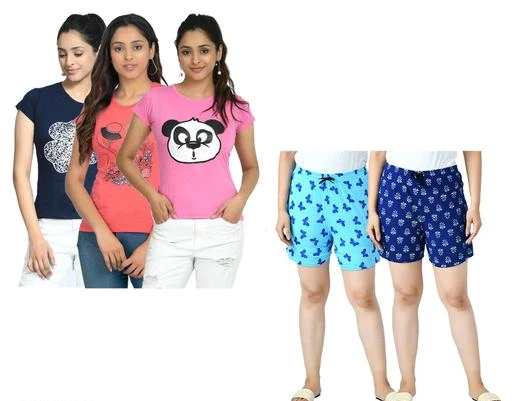 Checkout this latest Top & Bottom Sets
Product Name: *IndiWeaves Womens Cotton Printed T-Shirts and Printed Shorts (Pack of 5)*
Top Fabric: Cotton
Bottom Fabric: Cotton
Sleeve Length: Short Sleeves
Net Quantity (N): 5
Sizes: 
M (Top Bust Size: 32 in, Top Length Size: 24 in, Top Hip Size: 38 in, Bottom Waist Size: 28 in, Bottom Hip Size: 40 in, Bottom Length Size: 14 in) 
L (Top Bust Size: 33 in, Top Length Size: 25 in, Top Hip Size: 40 in, Bottom Waist Size: 30 in, Bottom Hip Size: 42 in, Bottom Length Size: 15 in) 
XL (Top Bust Size: 34 in, Top Length Size: 26 in, Top Hip Size: 42 in, Bottom Waist Size: 32 in, Bottom Hip Size: 44 in, Bottom Length Size: 16 in) 
XXL (Top Bust Size: 36 in, Top Length Size: 28 in, Top Hip Size: 44 in, Bottom Waist Size: 36 in, Bottom Hip Size: 46 in, Bottom Length Size: 17 in) 
IndiWeaves Womens Half Sleeves Chest Printed T-Shirts and Printed Shorts for All Season Back both side are plain. Super soft and Comfortable Fabric.Friends today we introduce you with a new Stylish Shorts which are special handy and give you the classic comfort in a tweak.Perfect for casual summer, walking around the house, workout, running, yoga, lounging, running, pajama sleep, or gym fitness. We suggest you choose a larger size if you prefer loose-fitting.
Country of Origin: India
Easy Returns Available In Case Of Any Issue


SKU: 31100-636466WS2728-IW-KK-P5
Supplier Name: Indiweaves Fashions

Code: 728-100666247-9951

Catalog Name: Classic Latest Women Top & Bottom Sets
CatalogID_28949972
M04-C07-SC1290