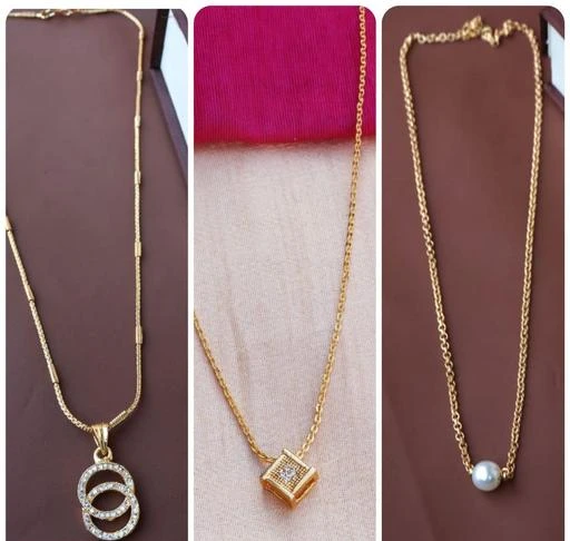 Checkout this latest Necklaces & Chains
Product Name: *Allure Glittering Women Necklaces & Chains*
Base Metal: Alloy
Plating: Brass Plated
Stone Type: American Diamond
Sizing: Adjustable
Type: Chain
Sizes:Free Size
1 pack of chain pendant made with Finest Brass Quality and Micro Gold Platting. Product become Long lasting. we can daily use even wedding or else.handmade, We Attached american dimond and Chain With Very Shiny Finish.That Give Very Simply Classic Look.chain pendant Packed With Our Brand Labeled Plastic Based Box For More Safety And Brand Tag Spotted With product. We  Always Belive in Product Quality. Our Brand Jewellery Sparkling Gold Plated CZ solitaire chain pendants For Women and girls Pack Of 1 is made of Alloy. Women love jewellery specially traditional jewellery adore a women. They wear it on different occasion. They have special importance on ring ceremony, wedding and festive time. They can also wear it on regular basics. Make your moment memorable with this range. This jewel set features a unique one of a kind traditional embellish with antic finish.new original product Stylish and Trendy chain pendant from Us, perfect for all occassions
Country of Origin: India
Easy Returns Available In Case Of Any Issue


SKU: CP97-CP3
Supplier Name: Shreenath Ji Enterprise

Code: 862-101455024-996

Catalog Name: Allure Glittering Women Necklaces & Chains
CatalogID_29201610
M05-C11-SC1092