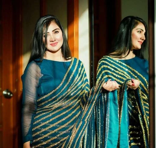 Georgette Designer Stylish Blue Saree Sequence Work Sari Banglory Silk  Blouse