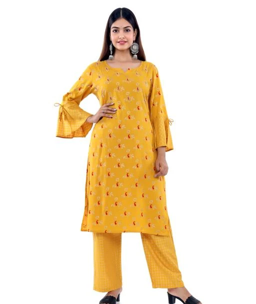 Yellow & Black Palazzo Pants Suit on sale Bell Sleeve Slub Rayon Kurti Solid Canary Sunny Summer Indian Fashion Casual Dress - APD21439