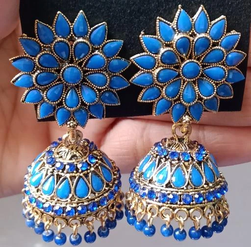 Designer Sky Blue Golden Jhumka Earrings for Girls  women Party wear  earrings Jhumka fancy for