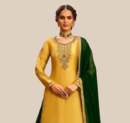 Yellow, Green Embroidery Modal Satin Semi-Stitched Dress Material
