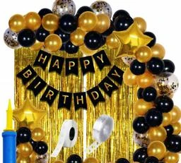 Black Birthday Party Decorations Set with Happy Birthday Balloons Banner,  Confetti Balloons, Foil Fringe Curtain for Birthday Party Supplies