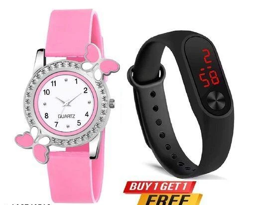 Checkout this latest Analog Watches
Product Name: *Diamond Studded Attractive Butterfly Analog Stylish Girls & Women Watch Combo set of 2 - BF & M2 { PINK & BLACK }*
Strap Material: Resin
Case/Bezel Material: Alloy
Case: Asymmetric
Clasp Type: Buckle
Date Display: No
Dial Color: Grey
Dial Design: Brand Logo
Dial Shape: Round
Dual Time: No
Gps: No
Light: No
Mechanism: Quartz
Power Source: Original Battery And Button
Scratch Resistant: No
Shock Resistance: No
Water Resistance: No
Add On: Belt
Sizes: 
Free Size (Dial Diameter Size: 34 mm) 
Country of Origin: India
Easy Returns Available In Case Of Any Issue


SKU: Diamond Studded Attractive Butterfly Analog Stylish Girls & Women Watch Combo set of 2 - BF & M2 { PINK & BLACK }
Supplier Name: VK KONARVALA.

Code: 912-106740512-999

Catalog Name: Classy Women Analog Watches
CatalogID_30857226
M05-C13-SC2152