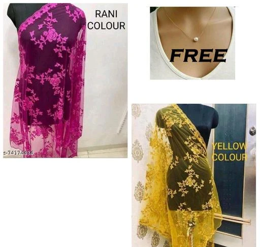 Checkout this latest Dupattas
Product Name: *KAAJ BUTTONS WOMEN NET EMBROIDERY COMBO DUPATTA + 1 NECKLACE FREE (COLOR :- RANI-PINK & YELLOW)*
Fabric: Net
Pattern: Embroidered
Sizes:Free Size (Length Size: 2.25 m) 
      SPECIAL OFFER BY 1 COMBO DUPATTA + 1 NECKLACE FREE... FREE...FREE... ?Trendy Designer Net Dupatta for women : Beautiful Embroidered Aari Work Dupatta With Four Side Perfect Finishing Cutwork on Edge & Elegant Quality Net Dupatta Rich Look Party Wear gorgeous grace!!! This Designer net creation will definitely give your feminine charm a hint of subdued elegance.  ?Material Composition Net Dupatta : Heavy Net With Four Side Cutwork On Edge.  ?Length of Net Dupatta : 2.25 meter X 1 meter | Care Instructions : Hand Wash & Dry Clean only.  Add a touch of elegance to your wardrobe with this exquisite piece of designer Dupatta from the house of Kaaj buttons. Swathed with a cheerful pattern , this piece speaks volume., Its pairing With Any Of your favorite piece of clothing & Can be pair with Any color Of long Kurti and you are Look to Good !  The Four Side Cutwork on EDGE makes this dupatta simply irresistible! The pretty look and comfortable feel of this Dupatta will make it your favorite tag along accessory. It will pair beautifully with different salwar sharara and Kurtis exalting lavish elegance and rich look party wear. A perfect gift for women and girls for all occasions can be used as a bridal dupatta /chunni to cover head and shoulders during functions and ceremonies.  Some more words about Women Girl Designer Net Dupattas:  A two and half meter cloth that defines the et
Country of Origin: India
Easy Returns Available In Case Of Any Issue


SKU: wRJMT0oW
Supplier Name: KAAJ BUTTONS

Code: 992-108486383-993

Catalog Name: Elegant Attractive Women Dupattas
CatalogID_31406316
M03-C06-SC1006