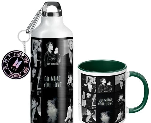 NH10 DESIGNS BTS Sipper Water Bottle Cup Keychain Combo Set For