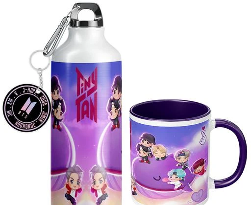 NH10 DESIGNS BTS Sipper Water Bottle Cup Keychain Combo Set For