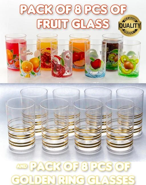 Checkout this latest Water & Juice Glasses
Product Name: *Blueberry lovely golden rings and fruits printed 300ml clear drinking glasses (White, 16 pcs)*
Material: Plastic
Product Breadth: 4 Cm
Product Height: 14 Cm
Product Length: 4 Cm
Net Quantity (N): Pack Of 16
Capacity of each glass is 300 ml.These glasses are unbreakable. Made from food graded material. These attractive glasses can be a wonderful addition to your kitchen, dining decor, offices, hotels etc. Pack of 8 pcs of golden ring printed and 8 pcs of fruits printed glasses.
Country of Origin: India
Easy Returns Available In Case Of Any Issue


SKU: RNGNFGLASS16
Supplier Name: Blueberry

Code: 763-110249596-997

Catalog Name: Wonderful Water & Juice Glasses
CatalogID_31944569
M08-C23-SC2300