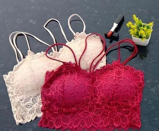 Women Fancy Lace Bralette Padded Net Bra, Free Size