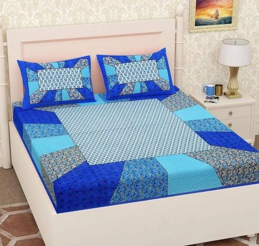  Jaipuri Printed Double Bedsheet With 4 Pillow Cover Color Blue /