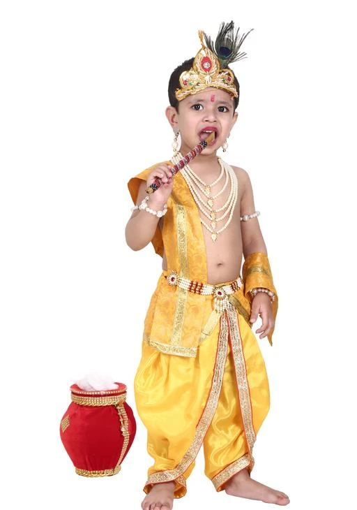 Checkout this latest Clothing Set
Product Name: *Raj Fancy Dresses Krishna Dress for Kids 1 Year Baby Boy 6-12 Months Costume Kanha ji Clothes 3-4 Years 7 5-6 2 6 3 White 10 Girl 1-2 bal old jewellery best seller little lord sri Janmashtami set new born child children lastest delivery silk flute*
Top Fabric: Cotton Blend
Bottom Fabric: Cotton Blend
Sleeve Length: Sleeveless
Top Pattern: Printed
Bottom Pattern: Lace
Net Quantity (N): Single
Add-Ons: No Add Ons
Sizes:
0-3 Months (Top Chest Size: 12 in, Top Length Size: 10 in, Bottom Waist Size: 12 in, Bottom Length Size: 12 in) 
3-6 Months (Top Chest Size: 14 in, Top Length Size: 10 in, Bottom Waist Size: 13 in, Bottom Length Size: 14 in) 
6-12 Months (Top Chest Size: 16 in, Top Length Size: 12 in, Bottom Waist Size: 14 in, Bottom Length Size: 16 in) 
12-18 Months (Top Chest Size: 18 in, Top Length Size: 12 in, Bottom Waist Size: 15 in, Bottom Length Size: 18 in) 
18-24 Months (Top Chest Size: 20 in, Top Length Size: 14 in, Bottom Waist Size: 16 in, Bottom Length Size: 20 in) 
2-3 Years (Top Chest Size: 22 in, Top Length Size: 14 in, Bottom Waist Size: 17 in, Bottom Length Size: 22 in) 
A dress Includes : Dhot, Patka, Hip Cover, 5 Layer Mala, Kamarbandh, Kundal, Mukut, Mor Pankh, 1 Pair Baju Band, 1 Pair Arm Band, Basuri (Flute)Care Instructions: Machine Wash ELEGANT KANHA DRESS WITH ACCESSORIES: Just as Yashoda dressed her little Krishna, your little one can be as adorable as Kanha! Raj Fancy Dresses presents you with elegantly crafted Krishna costumes for kids, including Dhoti, Patka, Hip Cover, 5 Layer Mala, Kamar bandh, Kundal, Mukut, Mor Pankh, 1 Pair Baju Band, 1 Pair Arm Band, and a beautiful Flue to that matches the outfit. SOFT, LIGHTWEIGHT & SKIN-FRIENDLY FABRIC: The lord Krishna dress is made using soft, lightweight, and breathable fabrics that do not irritate the skin. Our Krishnastami dress for baby boy features beautiful, handcrafted embroidery that upscale the dress's appearance. The included accessories with our Sree Krishna dress for kids are cleanly stitched for a flawless look. CUTE & FANCY DRESS FOR ANY OCCASION: Raj Fancy Dresses Krishna getup set for kids is perfect for boys and girls. Your baby can wear this Janmashtami dress on occasions like school performances, Bollywood theme parties, Rakhi/Rakshabandhan, first birthday, wedding functions, fancy dress competitions, Garba Parties, Navratri, dance performances or any auspicious Puja occasion. SUITABLE FOR BOYS AND GIRLS: This Krishna dress set comes in light and bright colours, making 
Country of Origin: India
Easy Returns Available In Case Of Any Issue


SKU: Yellow Yellow-002
Supplier Name: Raj Costumes

Code: 476-111324368-9911

Catalog Name: Tinkle Stylish Boys Top & Bottom Sets
CatalogID_32286606
M10-C32-SC1182