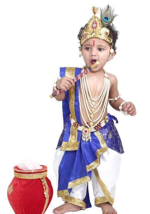 Checkout this latest Clothing Set
Product Name: *Raj Fancy Dresses Krishna Dress for Kids 1 Year Baby Boy 6-12 Months Costume Kanha ji Clothes 3-4 Years 7 5-6 2 6 3 White 10 Girl 1-2 bal old jewellery best seller little lord sri Janmashtami set new born child children lastest delivery silk flute*
Top Fabric: Cotton Blend
Bottom Fabric: Cotton Blend
Sleeve Length: Sleeveless
Top Pattern: Printed
Bottom Pattern: Lace
Net Quantity (N): Single
Add-Ons: No Add Ons
Sizes:
0-3 Months (Top Chest Size: 12 in, Top Length Size: 10 in, Bottom Waist Size: 12 in, Bottom Length Size: 12 in) 
A dress Includes : Dhot, Patka, Hip Cover, 5 Layer Mala, Kamarbandh, Kundal, Mukut, Mor Pankh, 1 Pair Baju Band, 1 Pair Arm Band, Basuri (Flute)Care Instructions: Machine Wash ELEGANT KANHA DRESS WITH ACCESSORIES: Just as Yashoda dressed her little Krishna, your little one can be as adorable as Kanha! Raj Fancy Dresses presents you with elegantly crafted Krishna costumes for kids, including Dhoti, Patka, Hip Cover, 5 Layer Mala, Kamar bandh, Kundal, Mukut, Mor Pankh, 1 Pair Baju Band, 1 Pair Arm Band, and a beautiful Flue to that matches the outfit. SOFT, LIGHTWEIGHT & SKIN-FRIENDLY FABRIC: The lord Krishna dress is made using soft, lightweight, and breathable fabrics that do not irritate the skin. Our Krishnastami dress for baby boy features beautiful, handcrafted embroidery that upscale the dress's appearance. The included accessories with our Sree Krishna dress for kids are cleanly stitched for a flawless look. CUTE & FANCY DRESS FOR ANY OCCASION: Raj Fancy Dresses Krishna getup set for kids is perfect for boys and girls. Your baby can wear this Janmashtami dress on occasions like school performances, Bollywood theme parties, Rakhi/Rakshabandhan, first birthday, wedding functions, fancy dress competitions, Garba Parties, Navratri, dance performances or any auspicious Puja occasion. SUITABLE FOR BOYS AND GIRLS: This Krishna dress set comes in light and bright colours, making 
Country of Origin: India
Easy Returns Available In Case Of Any Issue


SKU: White Blue-005
Supplier Name: Raj Costumes

Code: 477-111324370-9911

Catalog Name: Tinkle Stylish Boys Top & Bottom Sets
CatalogID_32286606
M10-C32-SC1182