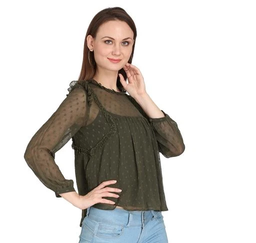 Trendy Shirts Georgette Butti With Full Sleeves Tops Green Color