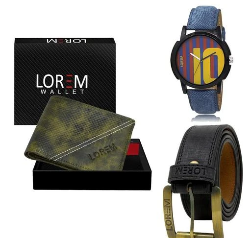 Checkout this latest Analog Watches
Product Name: *LOREM Combo Of  Watch With Artificial Leather Wallet & Belt For Men FZ-LR10-WL34-BL01*
Strap Material: Synthetic
Case/Bezel Material: Alloy
Clasp Type: Buckle
Date Display: No
Dial Shape: Round
Display Type: Analog
Dual Time: No
Gps: No
Light: No
Mechanism: Quartz
Power Source: Battery Powered
Add On: Wallets
WATCH::-This Analog Watches comes with a Designer Look dial and stainless steel back. The dial is protected by a mineral glass and has a Designer strap for added comfort with Precious Finishing. The time is controlled by a single crown on the side of the watch. This watch is highly used for Sport plus Casual Wear. This watch is also highly recommended for new generation of india. This watches can be used for wedding, partywear, casual etc.WALLET::-4 ATM Cards Slot | 2 Cash Compartments | 2 Secret (Hidden) Pockets |1 Zipper Coin Box |Premium Look Embossed Textured Design | Brand Logo Embossed | Light Weight | Smooth Finish | Trendy |Latest Design | Leather Wallet For Men The few things you carry, carry well! Great for gift. Enjoy your life and Just put a bow on it and you're ready to give to your special one. Our wallet not only offers security, it's also very functional. It features a quick access to IDs, driver license, ATM debit cards / credit cards, and has two long top slots for money, receipts, or tickets. The few things you carry, carry well!BELT::-Presenting the New LOREM Belt collection for Men, We create value for money with latest trends, New Large range Best Qulity Zinc material Designer Buckle, Light Weight, Long-Lasting with Stitch Synthetic Leather Material.  This High quality product and Synthetic  leather promises you durability and light weight. One size fits a
Sizes: 
Free Size
Country of Origin: India
Easy Returns Available In Case Of Any Issue


SKU: LR10-WL34-BL01
Supplier Name: Watch Paradise

Code: 993-111564628-9921

Catalog Name: Trendy Men Analog Watches
CatalogID_32367471
M05-C12-SC2159