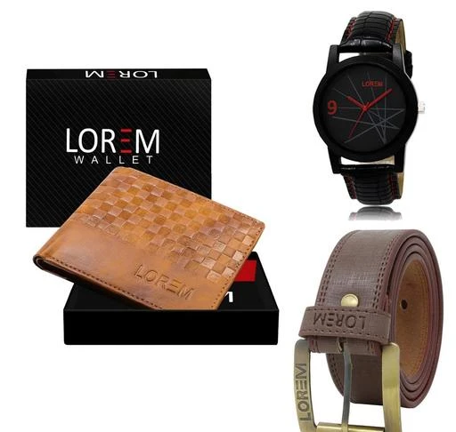 Checkout this latest Analog Watches
Product Name: *LOREM Combo Of  Watch With Artificial Leather Wallet & Belt For Men FZ-LR08-WL37-BL02*
Strap Material: Synthetic
Case/Bezel Material: Alloy
Clasp Type: Buckle
Date Display: No
Dial Shape: Round
Display Type: Analog
Dual Time: No
Gps: No
Light: No
Mechanism: Quartz
Power Source: Battery Powered
Add On: Wallets
WATCH::-This Analog Watches comes with a Designer Look dial and stainless steel back. The dial is protected by a mineral glass and has a Designer strap for added comfort with Precious Finishing. The time is controlled by a single crown on the side of the watch. This watch is highly used for Sport plus Casual Wear. This watch is also highly recommended for new generation of india. This watches can be used for wedding, partywear, casual etc.WALLET::-3 ATM Cards Slot | 2 Cash Compartments | 2 Secret (Hidden) Pockets |1 Button Coin Box |Premium Look Embossed Textured Design | Brand Logo Embossed | Light Weight | Smooth Finish | Trendy |Latest Design | Leather Wallet For Men The few things you carry, carry well! Great for gift. Enjoy your life and Just put a bow on it and you're ready to give to your special one. Our wallet not only offers security, it's also very functional. It features a quick access to IDs, driver license, ATM debit cards / credit cards, and has two long top slots for money, receipts, or tickets. The few things you carry, carry well!BELT::-Presenting the New LOREM Belt collection for Men, We create value for money with latest trends, New Large range Best Qulity Zinc material Designer Buckle, Light Weight, Long-Lasting with Stitch Synthetic Leather Material.  This High quality product and Synthetic  leather promises you durability and light weight. One size fits a
Sizes: 
Free Size
Country of Origin: India
Easy Returns Available In Case Of Any Issue


SKU: LR08-WL37-BL02
Supplier Name: Watch Paradise

Code: 993-111564707-9921

Catalog Name: Trendy Men Analog Watches
CatalogID_32367489
M05-C12-SC2159