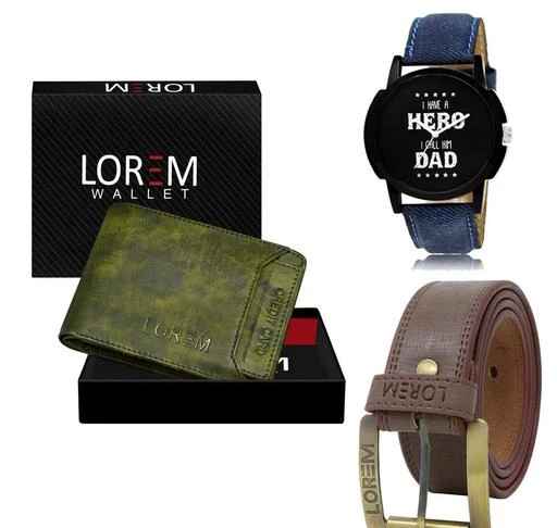 Checkout this latest Analog Watches
Product Name: *LOREM Combo Of  Watch With Artificial Leather Wallet & Belt For Men FZ-LR07-WL27-BL02*
Strap Material: Synthetic
Case/Bezel Material: Alloy
Clasp Type: Buckle
Date Display: No
Dial Shape: Round
Display Type: Analog
Dual Time: No
Gps: No
Light: No
Mechanism: Quartz
Power Source: Battery Powered
Add On: Wallets
WATCH::-This Analog Watches comes with a Designer Look dial and stainless steel back. The dial is protected by a mineral glass and has a Designer strap for added comfort with Precious Finishing. The time is controlled by a single crown on the side of the watch. This watch is highly used for Sport plus Casual Wear. This watch is also highly recommended for new generation of india. This watches can be used for wedding, partywear, casual etc.WALLET::-8 ATM Cards Slot | 2 Cash Compartments | 2 Secret (Hidden) Pockets |1 Zipper Coin Box |Removable ATM Card Holder | Brand Logo embossed | Light Weight | Smooth Finish | Trendy |Latest Design | Leather Wallet For Men The few things you carry, carry well! Great for gift. Enjoy your life and Just put a bow on it and you're ready to give to your special one. Our wallet not only offers security, it's also very functional. It features a quick access to IDs, driver license, ATM debit cards / credit cards, and has two long top slots for money, receipts, or tickets. The few things you carry, carry well!BELT::-Presenting the New LOREM Belt collection for Men, We create value for money with latest trends, New Large range Best Qulity Zinc material Designer Buckle, Light Weight, Long-Lasting with Stitch Synthetic Leather Material.  This High quality product and Synthetic  leather promises you durability and light weight. One size fits all For waist
Sizes: 
Free Size
Country of Origin: India
Easy Returns Available In Case Of Any Issue


SKU: LR07-WL27-BL02
Supplier Name: Watch Paradise

Code: 993-111564827-9921

Catalog Name: Trendy Men Analog Watches
CatalogID_32367519
M05-C12-SC2159