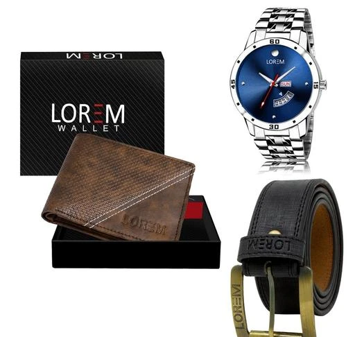 Checkout this latest Analog Watches
Product Name: *LOREM Combo Of  Watch With Artificial Leather Wallet & Belt For Men FZ-LR105-WL32-BL01*
Strap Material: Stainless Steel
Case/Bezel Material: Alloy
Clasp Type: Buckle
Date Display: No
Dial Shape: Round
Display Type: Analog
Gps: No
Light: No
Mechanism: Quartz
Power Source: Battery Powered
Add On: Wallets
WATCH::-This Analog Watches comes with a Designer Look dial and stainless steel back. The dial is protected by a mineral glass and has a Designer strap for added comfort with Precious Finishing. The time is controlled by a single crown on the side of the watch. This watch is highly used for Sport plus Casual Wear. This watch is also highly recommended for new generation of india. This watches can be used for wedding, partywear, casual etc.WALLET::-4 ATM Cards Slot | 2 Cash Compartments | 2 Secret (Hidden) Pockets |1 Zipper Coin Box |Premium Look Embossed Textured Design | Brand Logo Embossed | Light Weight | Smooth Finish | Trendy |Latest Design | Leather Wallet For Men The few things you carry, carry well! Great for gift. Enjoy your life and Just put a bow on it and you're ready to give to your special one. Our wallet not only offers security, it's also very functional. It features a quick access to IDs, driver license, ATM debit cards / credit cards, and has two long top slots for money, receipts, or tickets. The few things you carry, carry well!BELT::-Presenting the New LOREM Belt collection for Men, We create value for money with latest trends, New Large range Best Qulity Zinc material Designer Buckle, Light Weight, Long-Lasting with Stitch Synthetic Leather Material.  This High quality product and Synthetic  leather promises you durability and light weight. One size fits a
Sizes: 
Free Size
Country of Origin: India
Easy Returns Available In Case Of Any Issue


SKU: LR105-WL32-BL01
Supplier Name: Watch Paradise

Code: 105-111565015-9921

Catalog Name: Trendy Men Analog Watches
CatalogID_32367575
M05-C12-SC2159