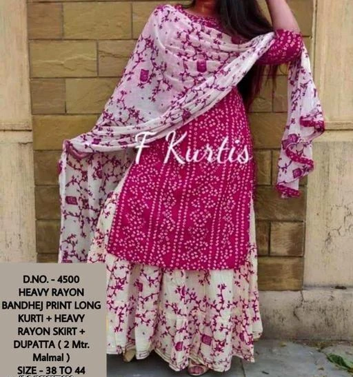 Checkout this latest Dupatta Sets
Product Name: *designer kurti with skirt and dupatta*
Kurta Fabric: Rayon
Fabric: Rayon
Bottomwear Fabric: Rayon
Sleeve Length: Three-Quarter Sleeves
Pattern: Printed
Set Type: Kurta with Dupatta and Bottomwear
Stitch Type: Stitched
Net Quantity (N): Single
Sizes: 
XL, XXL
Country of Origin: India
Easy Returns Available In Case Of Any Issue


SKU: OMASK-2036
Supplier Name: OMASK ENTERPRISES

Code: 535-11163500-0441

Catalog Name: Women Rayon Straight Printed Skirt Dupatta Set
CatalogID_2079636
M03-C52-SC1853