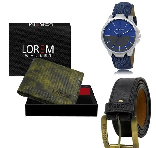 Checkout this latest Analog Watches
Product Name: *LOREM Combo Of  Watch With Artificial Leather Wallet & Belt For Men FZ-LR24-WL30-BL01*
Strap Material: Synthetic
Case/Bezel Material: Alloy
Clasp Type: Buckle
Dial Shape: Round
Display Type: Analog
Mechanism: Quartz
Power Source: Battery Powered
Add On: Wallets
WATCH::-This Analog Watches comes with a Designer Look dial and stainless steel back. The dial is protected by a mineral glass and has a Designer strap for added comfort with Precious Finishing. The time is controlled by a single crown on the side of the watch. This watch is highly used for Sport plus Casual Wear. This watch is also highly recommended for new generation of india. This watches can be used for wedding, partywear, casual etc.WALLET::-3 ATM Cards Slot | 2 Cash Compartments | 2 Secret (Hidden) Pockets |1 Button Coin Box |Premium Look Embossed Textured Design | Brand Logo Embossed | Light Weight | Smooth Finish | Trendy |Latest Design | Leather Wallet For Men The few things you carry, carry well! Great for gift. Enjoy your life and Just put a bow on it and you're ready to give to your special one. Our wallet not only offers security, it's also very functional. It features a quick access to IDs, driver license, ATM debit cards / credit cards, and has two long top slots for money, receipts, or tickets. The few things you carry, carry well!BELT::-Presenting the New LOREM Belt collection for Men, We create value for money with latest trends, New Large range Best Qulity Zinc material Designer Buckle, Light Weight, Long-Lasting with Stitch Synthetic Leather Material.  This High quality product and Synthetic  leather promises you durability and light weight. One size fits a
Sizes: 
Free Size
Country of Origin: India
Easy Returns Available In Case Of Any Issue


SKU: LR24-WL30-BL01
Supplier Name: Watch Paradise

Code: 904-112501181-9921

Catalog Name: Trendy Men Analog Watches
CatalogID_32679439
M05-C12-SC2159