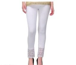 Women's Slim Fit Cotton Leggings Net Pattern Ankle Length Lace Leggings  (White)