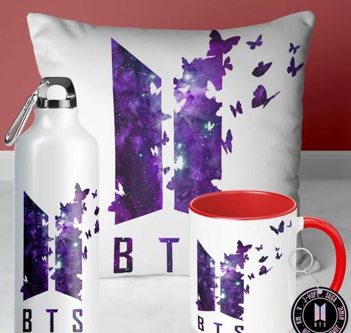 NH10 DESIGNS BTS Sipper Water Bottle Cup Keychain Combo Set For