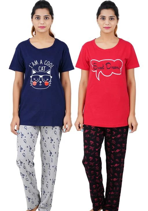 Checkout this latest Nightsuits
Product Name: *Pure Fashion Cotton Printed Top and All Over Print Pyjama Set / Pajama Night Suit Set / Sleep wear Set / Loungewear Set for Womens I'm a Cool Cat Navy & Sweet Dreams Red*
Top Fabric: Cotton
Bottom Fabric: Cotton
Top Type: Tshirt
Bottom Type: Pyjamas
Sleeve Length: Short Sleeves
Pattern: Printed
Net Quantity (N): 2
Sizes:
S, M (Top Bust Size: 33 in, Top Length Size: 25 in, Bottom Waist Size: 24 in, Bottom Length Size: 40 in) 
L (Top Bust Size: 34 in, Top Length Size: 26 in, Bottom Waist Size: 26 in, Bottom Length Size: 41 in) 
XXXL, 4XL
Country of Origin: India
Easy Returns Available In Case Of Any Issue


SKU: 1299PF-Nvy Cool cat Combo 2 Nightsuit Sweet Dreams Red
Supplier Name: PURE FASHION

Code: 0511-11511266-3342

Catalog Name: Aradhya Fashionable Women Nightsuits
CatalogID_2165337
M04-C10-SC1045