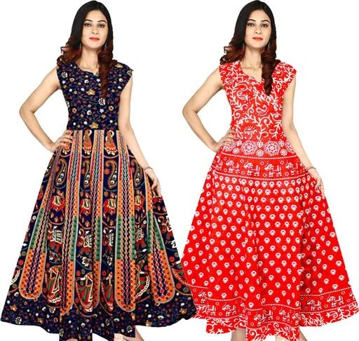 fcity.in - Cotton Women Jaipuri Printed Long Dress Multicolour Size / Fancy