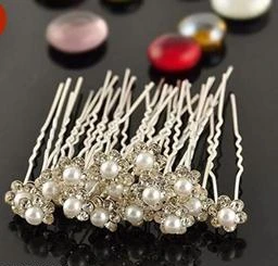 Flower Juda Hair Pins in White Pearls for Hair Styling - 12 Pieces