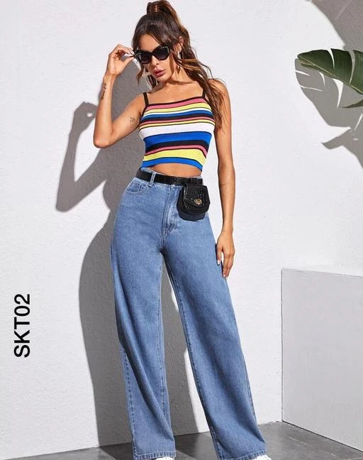 WOMEN WIDE LEG JEANS BY SKG, LATEST HIGH WAIST STRAIGHT FIT DENIM, NON-STRETCHABLE FLARED FULL LENGTH HIGH RISE JEANS FOR WOMEN, STRAIGHT  WIDE LEG JEANS