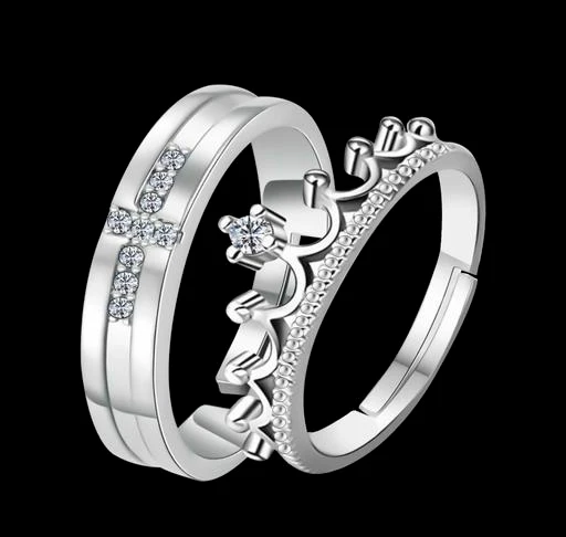 Adjustable Couple Rings Set For Lovers Silver Plated Solitaire For