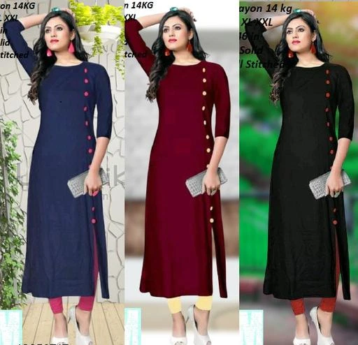 Checkout this latest Kurtis
Product Name: *Women Rayon Front Slit Solid Kurti*
Fabric: Rayon
Sleeve Length: Three-Quarter Sleeves
Pattern: Solid
Combo of: Combo of 3
Sizes:
M (Bust Size: 38 in, Size Length: 46 in) 
L (Bust Size: 40 in, Size Length: 46 in) 
XL (Bust Size: 42 in, Size Length: 46 in) 
XXL (Bust Size: 44 in, Size Length: 46 in) 
Country of Origin: India
Easy Returns Available In Case Of Any Issue


SKU: BLUE_CREAM_BLACK
Supplier Name: MD HAJIKUL ALAM

Code: 716-12650717-2181

Catalog Name: Women Rayon Front Slit Solid Kurti
CatalogID_2447518
M03-C03-SC1001