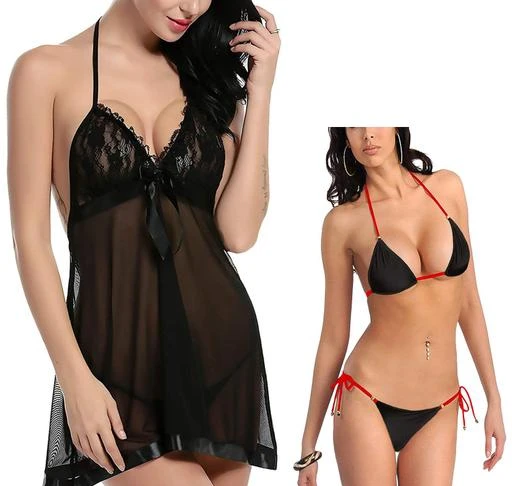  Women Sexy Baby Doll Nighty Dresses Hot With Panty Royal Fabric  Net