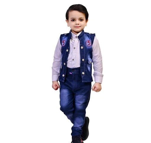 Checkout this latest Clothing Set
Product Name: *Fashion 4 Ever Set of Shirt , Waistcoat and Jeans*
Top Fabric: Denim
Bottom Fabric: Denim
Sleeve Length: Long Sleeves
Top Pattern: Solid
Bottom Pattern: Self-Design
Multipack: Single
Add-Ons: No Add Ons
Sizes:
1-2 Years (Top Chest Size: 22 in, Top Length Size: 19 in, Bottom Waist Size: 21 in, Bottom Length Size: 22 in) 
2-3 Years (Top Chest Size: 23 in, Top Length Size: 21 in, Bottom Waist Size: 22 in, Bottom Length Size: 24 in) 
3-4 Years (Top Chest Size: 24 in, Top Length Size: 24 in, Bottom Waist Size: 23 in, Bottom Length Size: 26 in) 
Country of Origin: India
Easy Returns Available In Case Of Any Issue


Catalog Rating: ★4 (94)

Catalog Name: Princess Fancy Boys Top & Bottom Sets
CatalogID_2547333
C59-SC1182
Code: 845-13064149-8541