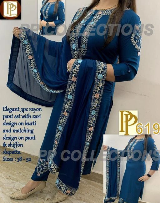 Checkout this latest Kurta Sets
Product Name: *Beautiful Embroidered Kurta With Pant Dupatta Set*
Kurta Fabric: Rayon
Bottomwear Fabric: Rayon
Fabric: Chiffon
Sleeve Length: Three-Quarter Sleeves
Set Type: Kurta With Dupatta And Bottomwear
Bottom Type: Pants
Pattern: Embroidered
Multipack: Single
Sizes:
M (Bust Size: 38 in, Shoulder Size: 13.5 in, Kurta Waist Size: 36 in, Kurta Hip Size: 40 in, Kurta Length Size: 46 in, Bottom Waist Size: 29 in, Bottom Hip Size: 40 in, Bottom Length Size: 38 in, Duppatta Length Size: 2 in) 
L, XL, XXL, XXXL
Country of Origin: India
Easy Returns Available In Case Of Any Issue


Catalog Rating: ★3.8 (90)

Catalog Name: Alisha Alluring Women Kurta Sets
CatalogID_2631097
C74-SC1853
Code: 697-13406828-9432