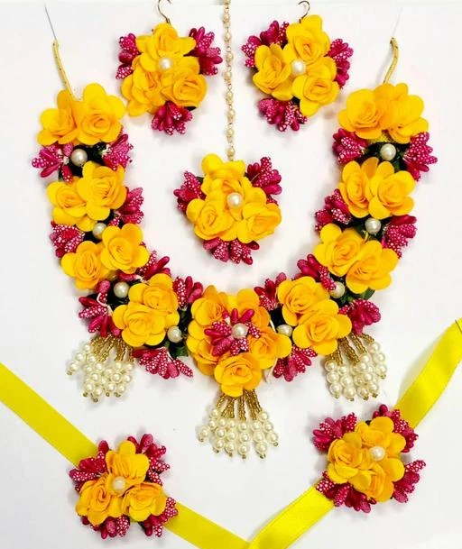 Yellow Red Floral Bracelet Set for Haldi Ceremony  Floral Jewelry Store
