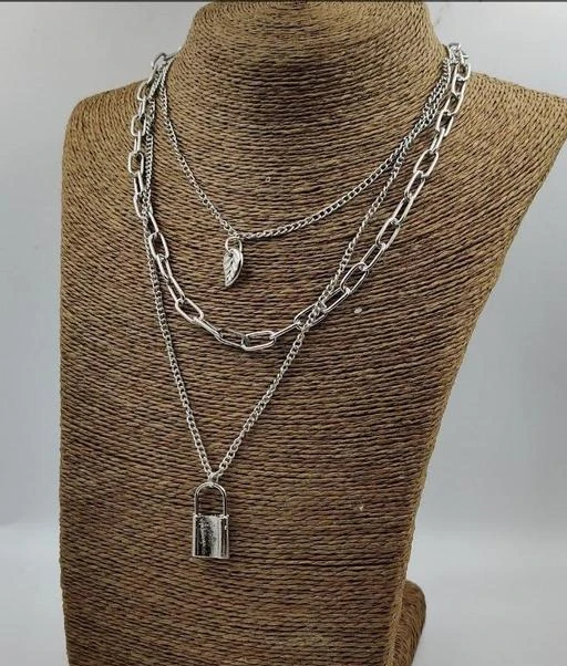 Alloy Silver,Golden 3 Layer Lock Chain Necklace, Size: Standard