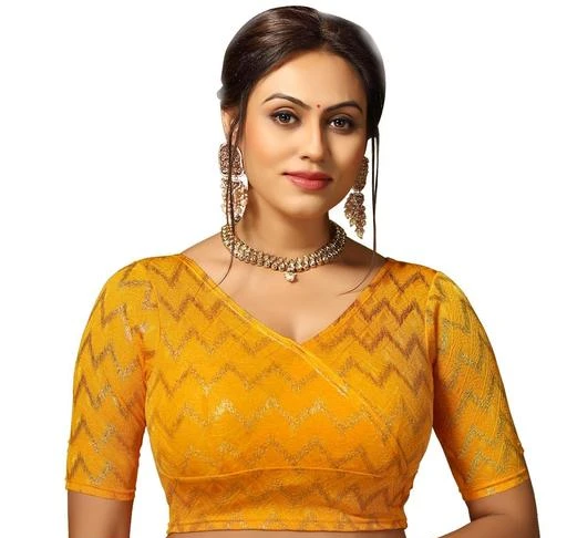 Lycra Stretchable Readymade Saree Blouse with Lace Short Sleeves in Orange