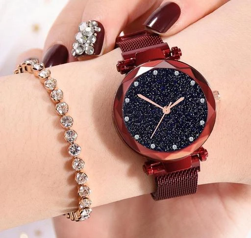 fcity.in Magnet Watch Red 12 Diamond Watch Red Magnetic Strap