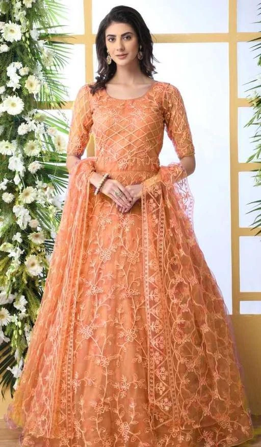 Fcity In Women Orange Ethnic Motif Embroidered Net Semi Stitched Suits