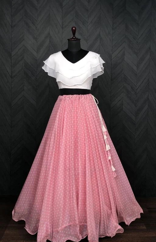 Georgette Pink Flared Skirt With White Top