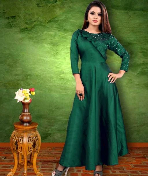 Gowns
Jivika Fashionable Women Gowns
Fabric: Satin Silk
Sleeve Length: Three-Quarter Sleeves
Pattern: Self-Design
Set Type: Single piece
Stitch Type: Stitched
Multipack: 1
Sizes: 
Free Size (Bust Size: 42 in, Length Size: 48 in, Waist Size: 40 in, Hip Size: 44 in, Shoulder Size: 44 in) 
Country of Origin: India
Sizes Available: 

SKU: Moti Gown - GREEN
Supplier Name: VNH Fashion

Code: 754-14387128-3711

Catalog Name: Kashvi Versatile Women Gowns
CatalogID_2854120
M04-C07-SC1289