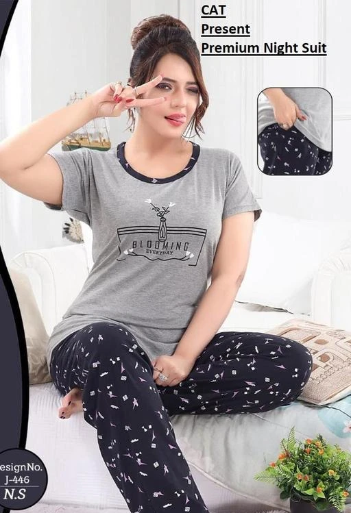  Women Grey Night Suit Hosiery Cotton Printed Half