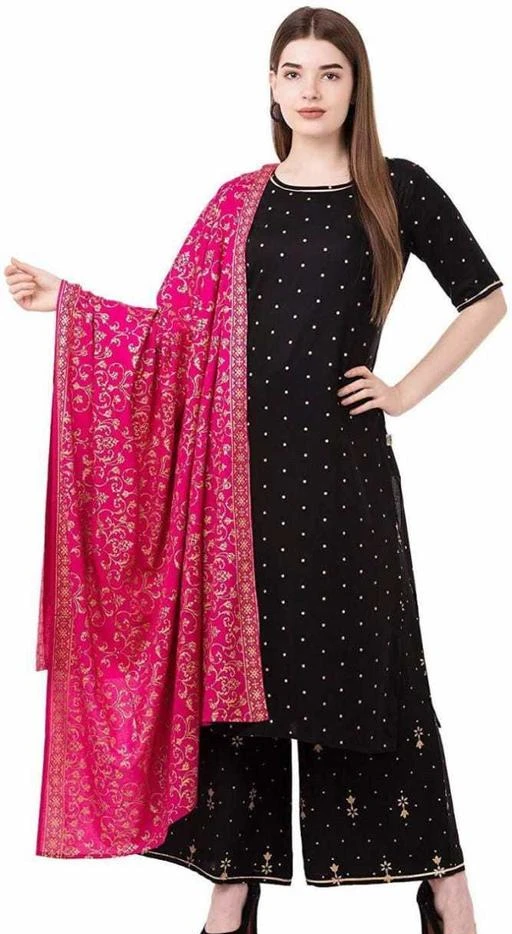Checkout this latest Kurta Sets
Product Name: *Women Rayon Straight Printed Long Kurti With Palazzos*
Kurta Fabric: Rayon
Bottomwear Fabric: Rayon
Fabric: Rayon
Sleeve Length: Three-Quarter Sleeves
Set Type: Kurta With Dupatta And Bottomwear
Bottom Type: Palazzos
Pattern: Printed
Net Quantity (N): Single
Sizes:
L (Bust Size: 40 in, Kurta Length Size: 42 in, Duppatta Length Size: 2 in) 
Country of Origin: India
Easy Returns Available In Case Of Any Issue


SKU: RFK27_Black Gold Printed Plazzo Kurta Set with Pink Dupatta_Black
Supplier Name: Laxmi Export

Code: 045-15102206-1041

Catalog Name: Women Rayon Straight Printed Long Kurti With Palazzos
CatalogID_3008619
M03-C52-SC1853