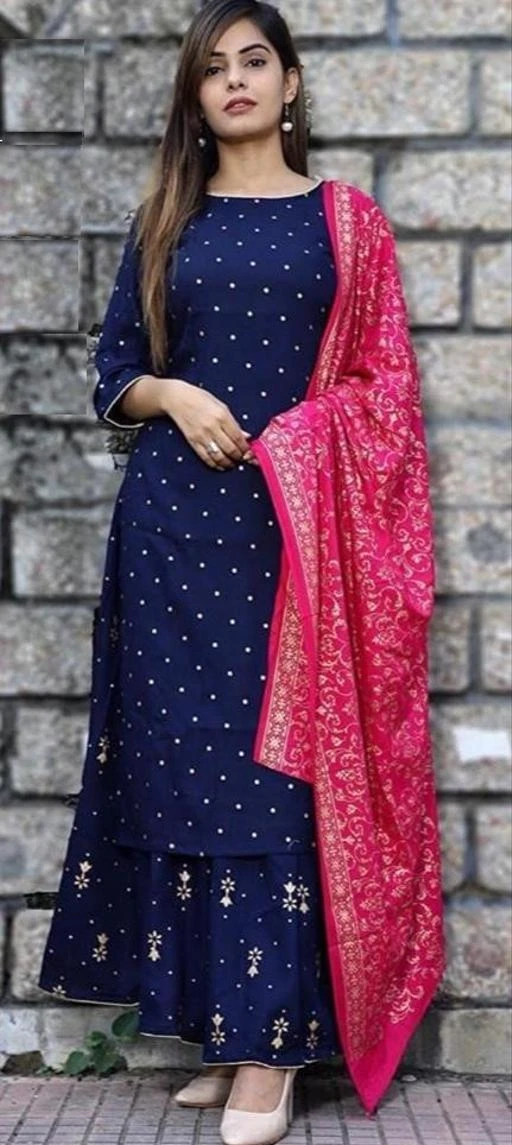 Checkout this latest Kurta Sets
Product Name: *Women Rayon Straight Printed Long Kurti With Palazzos*
Kurta Fabric: Rayon
Bottomwear Fabric: Rayon
Fabric: Rayon
Sleeve Length: Three-Quarter Sleeves
Set Type: Kurta With Dupatta And Bottomwear
Bottom Type: Palazzos
Pattern: Printed
Net Quantity (N): Single
Sizes:
L (Bust Size: 40 in, Kurta Length Size: 42 in, Duppatta Length Size: 2 in) 
Country of Origin: India
Easy Returns Available In Case Of Any Issue


SKU: RFK27_Blue Gold Printed Plazzo Kurta Set with Pink Dupatta_Blue
Supplier Name: Laxmi Export

Code: 585-15102207-7251

Catalog Name: Women Rayon Straight Printed Long Kurti With Palazzos
CatalogID_3008619
M03-C52-SC1853