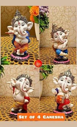  - Stlyz 4 Pcs Lord Ganesha Idol Playing Flute Hindu God Shri Ganesh