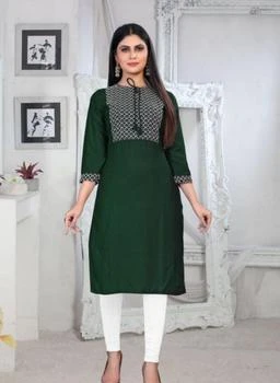 Women Rayon Straight Kurta With Leggings || Daily use Kurti For Women ||  Stylish Embroidered Color kurit for Office and Party Wear (Green)